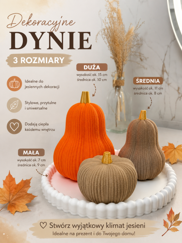 Dekoracyjne dynie 3D – DUŻA, ŚREDNIA i MAŁA  POMARANCZ+ DREWNO